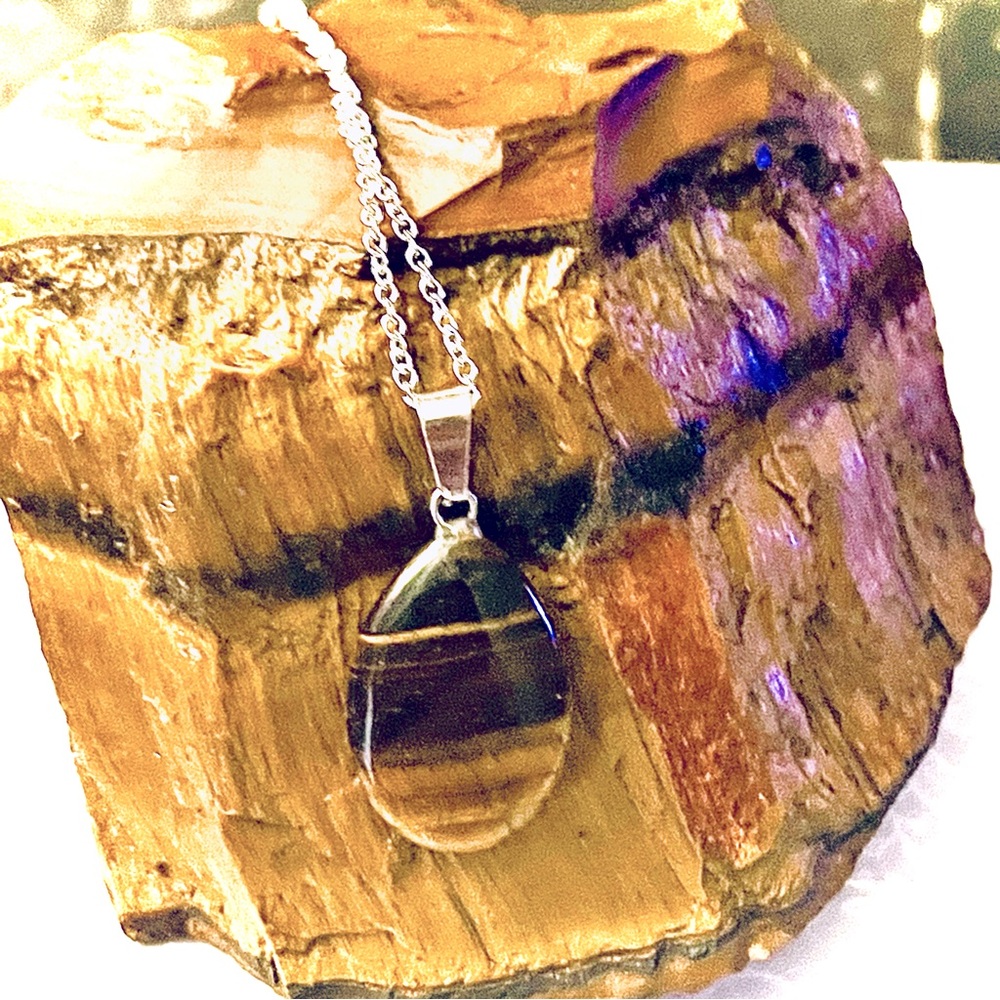 New 925 Sterling Silver Brown Black Tigers Eye Stone Water Drop Necklace - Picture 4 of 14